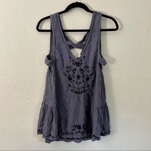 Free People blue embroidered cut out tank top